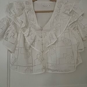 Avec Les Filles Ivory Lace Ruffle Button-Front Blouse